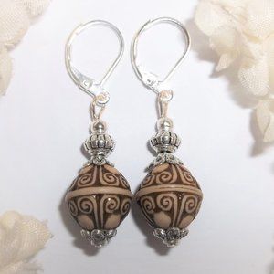 Earrings Dangle Drop Beaded Silver Brown Tan Gift Idea for Her Jewelry Set 8180